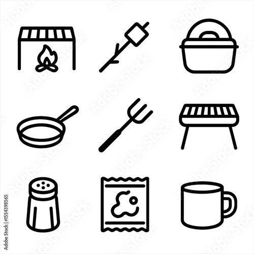 Campfire Cooking Icons. Outline icon set of campfire cooking: campfire grill, marshmallow on stick, Dutch oven, cast iron skillet,