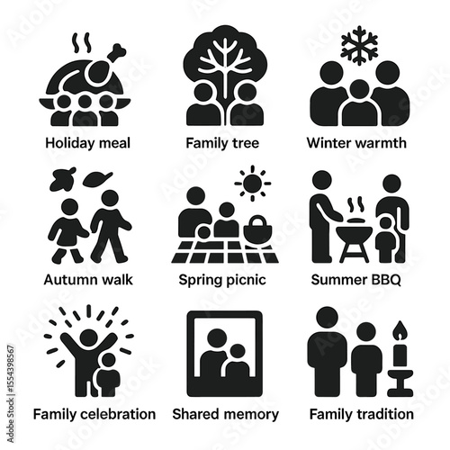 Seasonal Family Icons. Solid, filled icons set of seasonal family traditions: holiday meal, family tree,