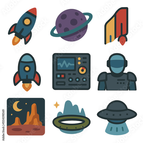 Sci-Fi Rocket Icons. Solid, filled icons set of science fiction rockets: retro rocket, alien planet, colorful