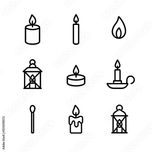Candlelight Ambiance Icons. Outline icon set of candlelight ambiance: pillar candle, taper candle, candle flame, lantern, tealight