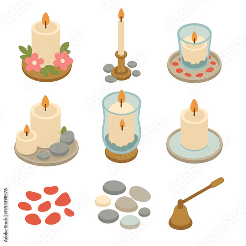 Candle Arrangement Icons. Isometric Flat icon set of candle centerpiece arrangements: pillar candle, taper candle, votive candle,