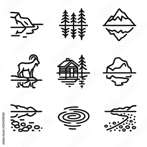 Alpine Lake Icon Set. Outline icon set of alpine lake reflections: glacier-fed water, pine tree mirror, snow-capped peak, crystal