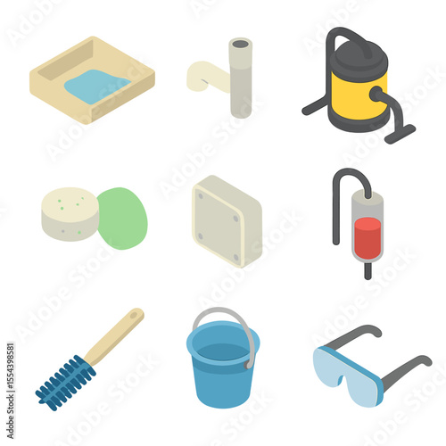 Condensate Line Cleaning Icons. Isometric Flat icon set of condensate drain line cleaning: condensate pan, drain line tube,