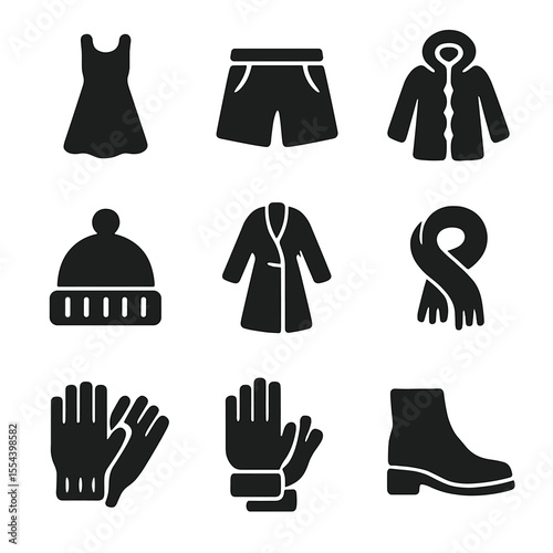 Seasonal Fashion Icons. Solid, filled icons set of seasonal city style: summer dress, breezy shorts, winter