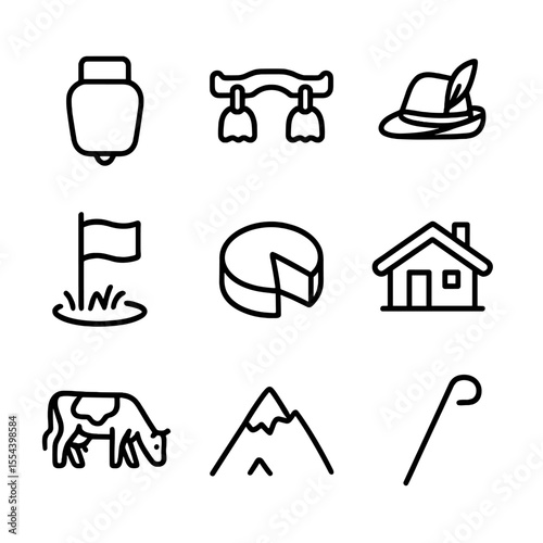 Alpine Herding Icons. Outline icon set of alpine herding traditions: weighted cowbell, wooden yoke, herdsman hat, pasture flag,