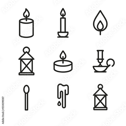 Candlelight Ambiance Icons. Outline icon set of candlelight ambiance: pillar candle, taper candle, candle flame, lantern, tealight