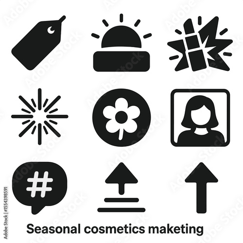 Seasonal Cosmetics Icons Grid. Solid, filled icons set of seasonal cosmetics marketing: sale tag, summer promo