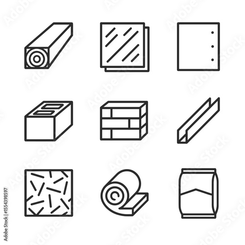 Construction Materials Icons. Outline icon set of construction materials: lumber board, plywood sheet, drywall, concrete block,
