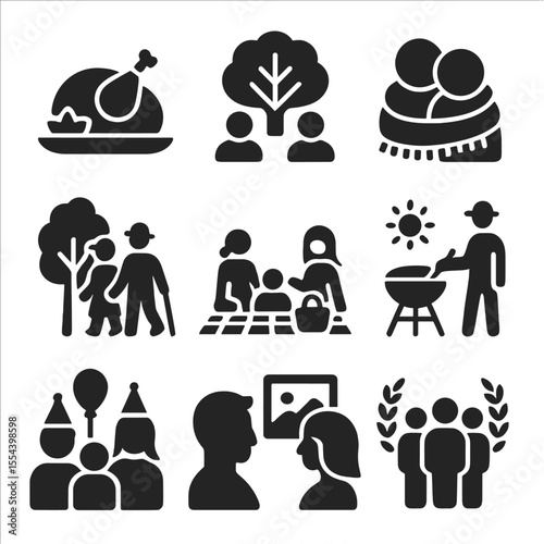 Seasonal Family Icons. Solid, filled icons set of seasonal family traditions: holiday meal, family tree,