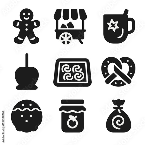 Seasonal Treats Icons. Solid, filled icons set of seasonal treats and food stalls: gingerbread man, roasted
