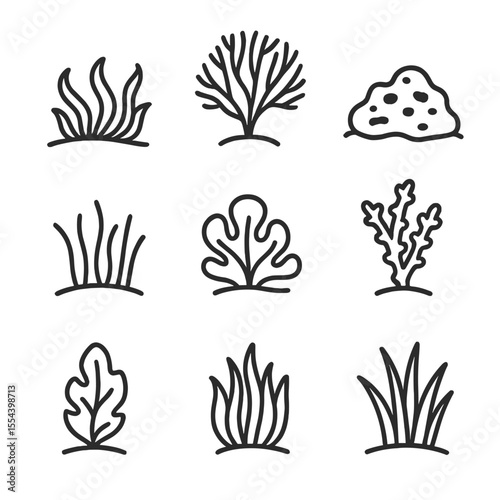 Coral Reef Flora Icons. Outline icon set of coral reef flora: macroalgae patch, sea fan algae, encrusting algae, turf algae,