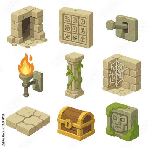 Ancient Ruins Icon Set. Isometric Flat icon set of ancient ruins secret passage: crumbling stone door, carved glyph panel, hidden