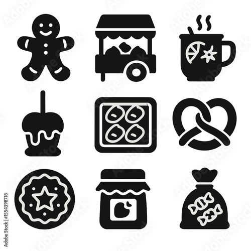 Seasonal Treats Icons. Solid, filled icons set of seasonal treats and food stalls: gingerbread man, roasted