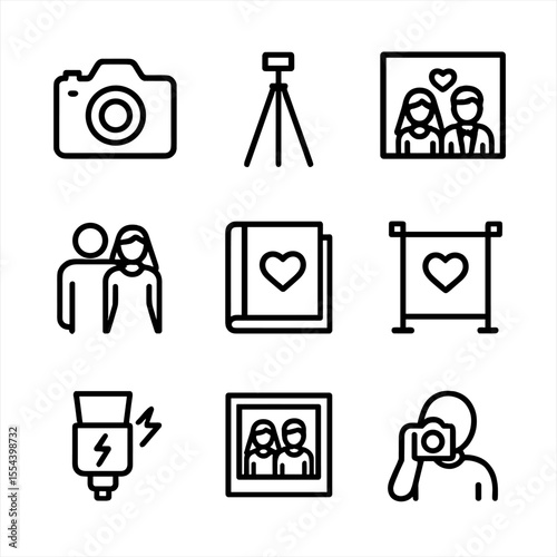 Anniversary Photo Icons. Outline icon set of anniversary photo session: camera, tripod, wedding photo, couple pose, photo album,