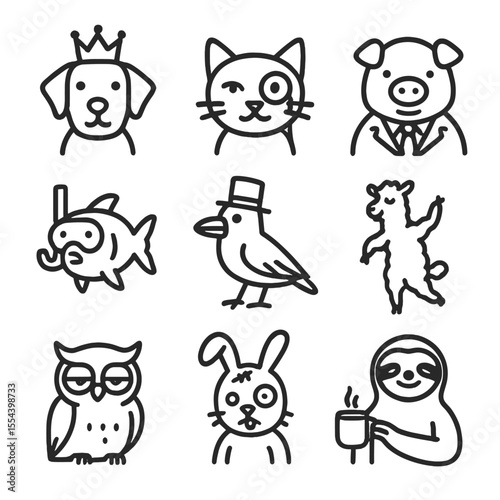 Animal Parody Icons. Outline icon set of animal parody caricatures: dog wearing crown, cat with monocle, pig in suit, fish with