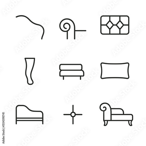 Chaise Lounge Icons. Outline icon set of Chaise Lounge Furniture Elements: curved backrest, rolled arm, tufted upholstery, wooden
