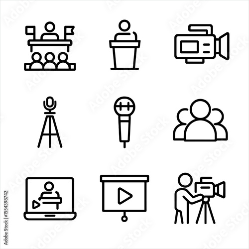 Corporate Videography Icons. Outline icon set of corporate event videography: conference stage, speaker podium, video camera,