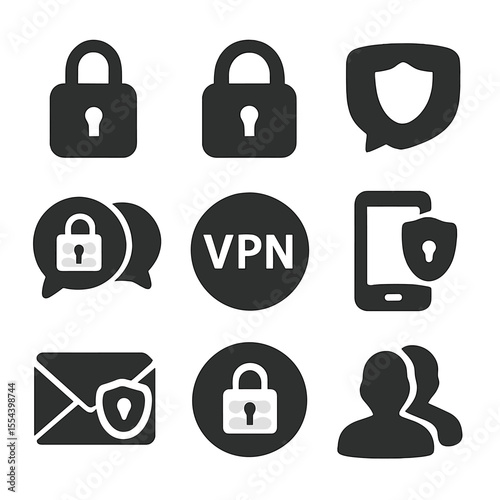 Secure Communication Icons. Solid, filled icons set of encryption and secure communication: lock icon, padlock