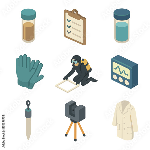 Cave Research Equipment Icons. Isometric Flat icon set of cave conservation and research equipment: sampling vial, clipboard,