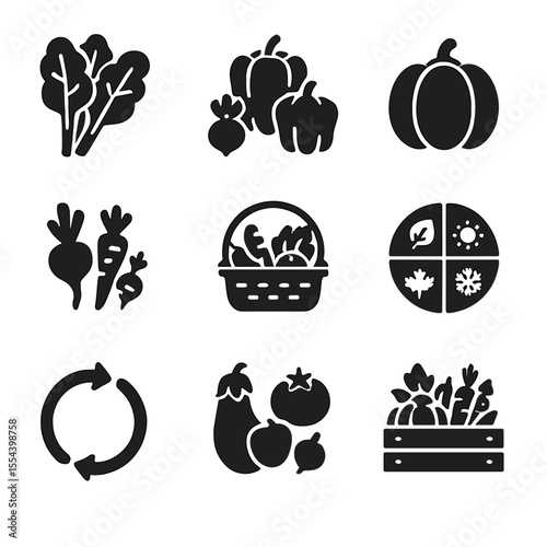 Seasonal Veggie Icons. Solid, filled icons set of seasonal veggie abundance: spring greens, summer peppers,