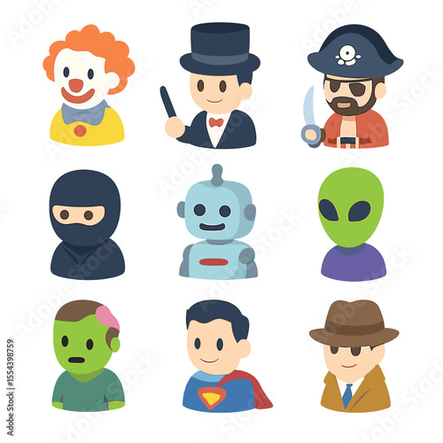 Cartoon Character Icons. Isometric Flat icon set of cartoon characters: clown, magician, pirate, ninja, robot, alien, zombie,