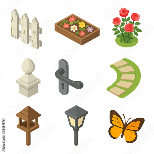 Antique Garden Icon Set. Isometric Flat icon set of Antique Picket Fence Garden: white chipped picket, flower bed, rose bush,