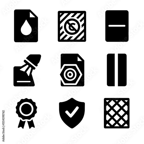 Security Paper Icons. Solid, filled icons set of watermarked and security papers: watermark icon, anti-copy