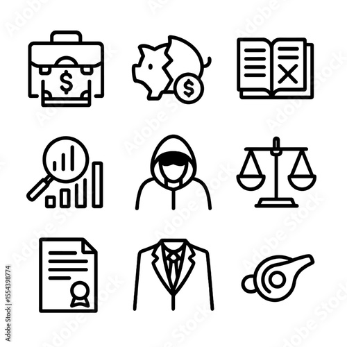 Corporate Fraud Icons. Outline icon set of corporate fraud documentaries: briefcase of money, broken piggy bank, ledger with red