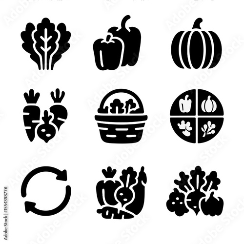 Seasonal Veggie Icons. Solid, filled icons set of seasonal veggie abundance: spring greens, summer peppers,