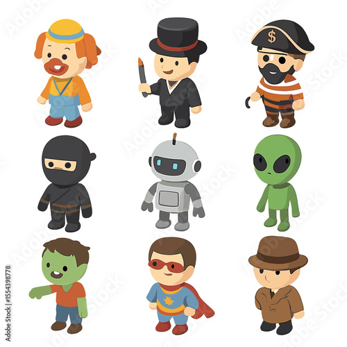 Cartoon Character Icons. Isometric Flat icon set of cartoon characters: clown, magician, pirate, ninja, robot, alien, zombie,