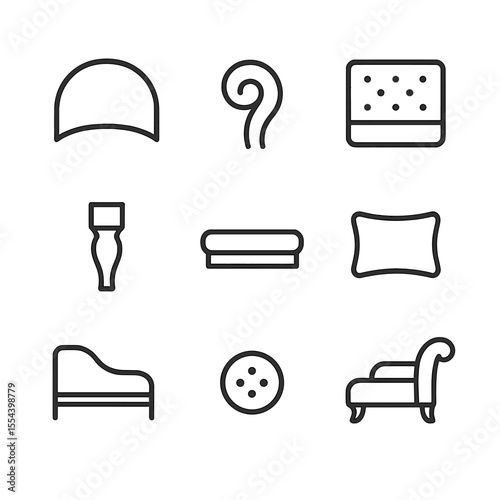 Chaise Lounge Icons. Outline icon set of Chaise Lounge Furniture Elements: curved backrest, rolled arm, tufted upholstery, wooden