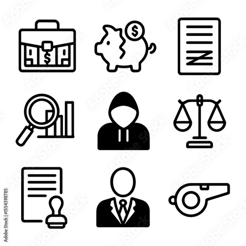 Corporate Fraud Icons. Outline icon set of corporate fraud documentaries: briefcase of money, broken piggy bank, ledger with red