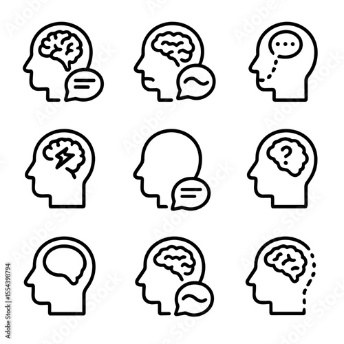 Aphasia Icon Set. Outline icon set of types of aphasia and language disorders: Broca’s aphasia, Wernicke’s aphasia, conduction