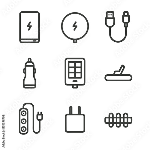 Charging Accessories Icons. Outline icon set of gadget charging accessories: power bank, wireless charger, USB cable, car charger,