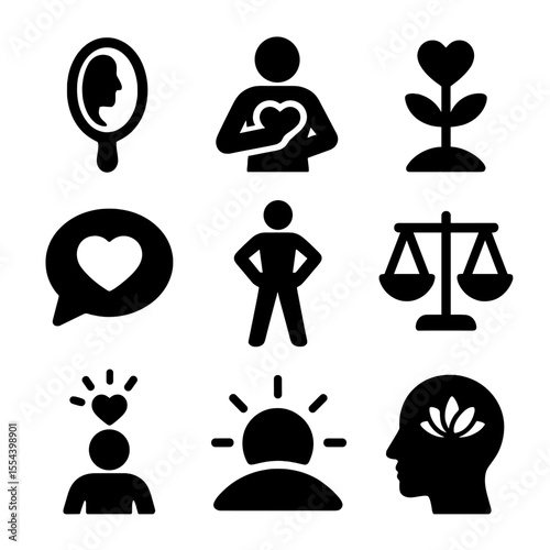 Icons of Self-Compassion. Solid, filled icons set of self-love and self-acceptance: mirror icon, self heart,