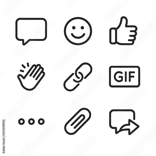 Chat Icons Set. Outline icon set of chat functions and reaction emojis: chat box, smile emoji, thumbs up, clap emoji, link share,