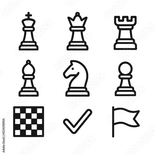 Chess Icon Set. Outline icon set of chess king-themed: king piece, queen piece, rook, bishop, knight, pawn, chessboard, check mark