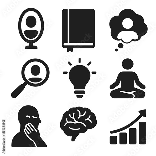 Icons of Self-Reflection. Solid, filled icons set of self-awareness and reflection: mirror, journal, thought