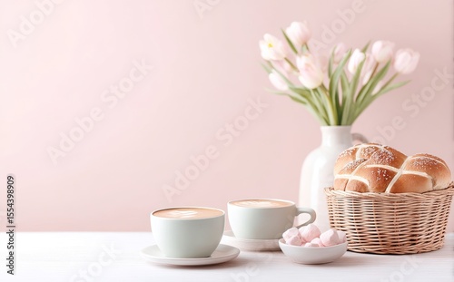 The scene is set with a pastel pink background, complete with coffee art, tulips in a vase, hot cross buns in a basket, and colorful confetti, creating a delightful spring atmosphere