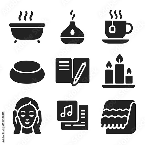 Self-Care Ritual Icons. Solid, filled icons set of self-care rituals: warm bath, aromatherapy, herbal tea,