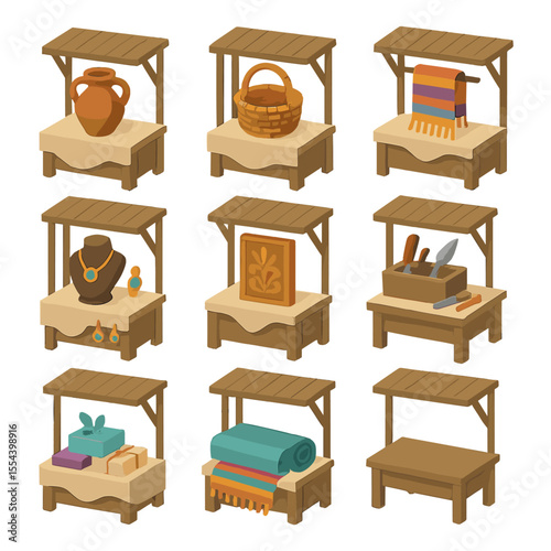 Artisan Craft Icon Set. Isometric Flat icon set of artisan crafts stalls: pottery vase, woven basket, handwoven scarf, jewelry