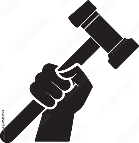 hand holding hammer silhouette, black and white silhouette, vector and illustration