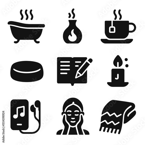 Self-Care Ritual Icons. Solid, filled icons set of self-care rituals: warm bath, aromatherapy, herbal tea,