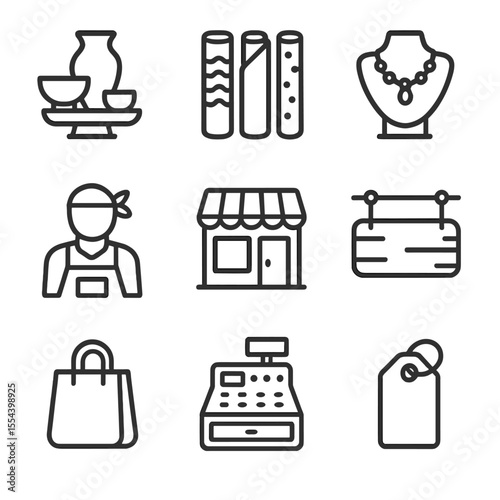 Artisan Shop Icons. Outline icon set of local artisan shops: handmade pottery, fabric rolls, jewelry display, artisan craftsman,