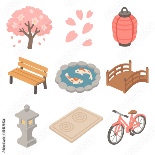 Cherry Blossom Icon Set. Isometric Flat icon set of cherry blossom festival: cherry blossom tree, falling petals, paper lantern,