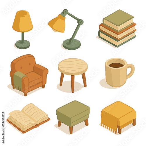 Cozy Reading Icon Set. Isometric Flat icon set of cozy reading nook lighting: reading lamp, adjustable arm lamp, bookstack, cozy