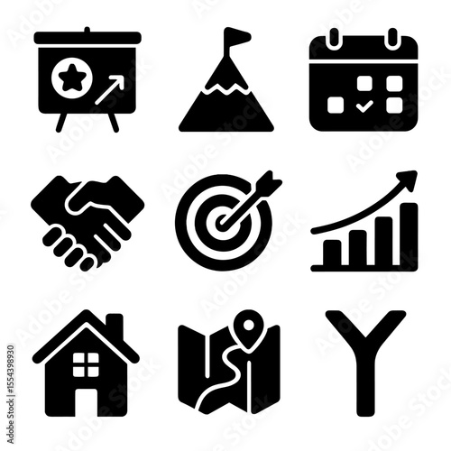 Shared Goals Icons. Solid, filled icons set of shared goals and vision: goal board, mountain peak, calendar