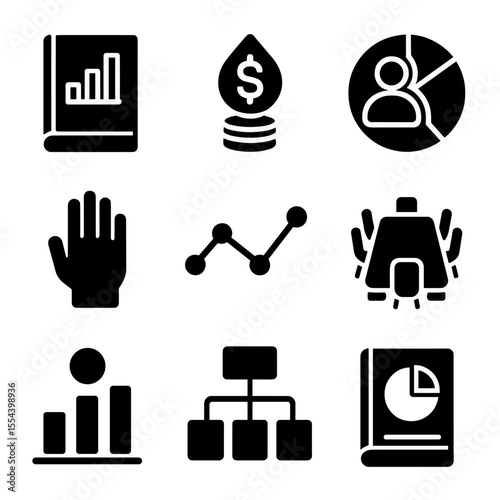 Shareholder Reporting Icons. Solid, filled icons set of shareholder reporting: annual report, dividend icon,