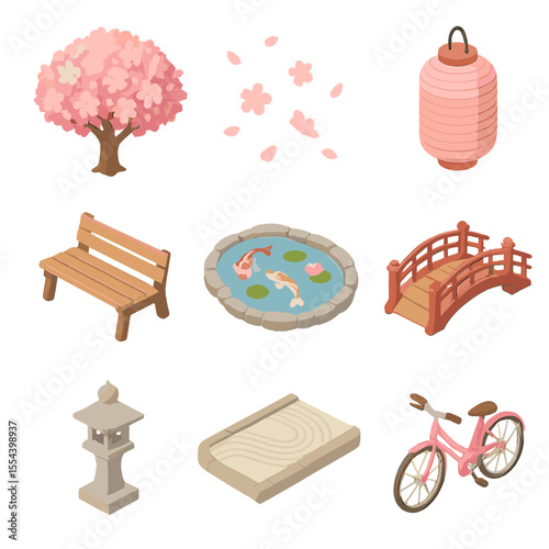 Cherry Blossom Icon Set. Isometric Flat icon set of cherry blossom festival: cherry blossom tree, falling petals, paper lantern,