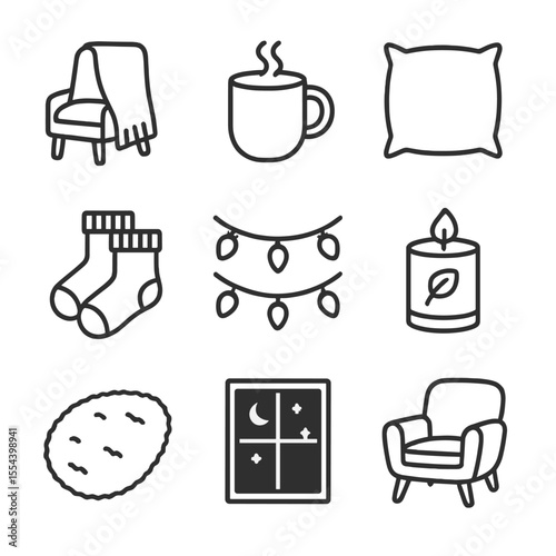 Cozy Study Icons. Outline icon set of Cozy Study Ambiance: blanket draped chair, hot chocolate mug, soft pillow, warm socks,